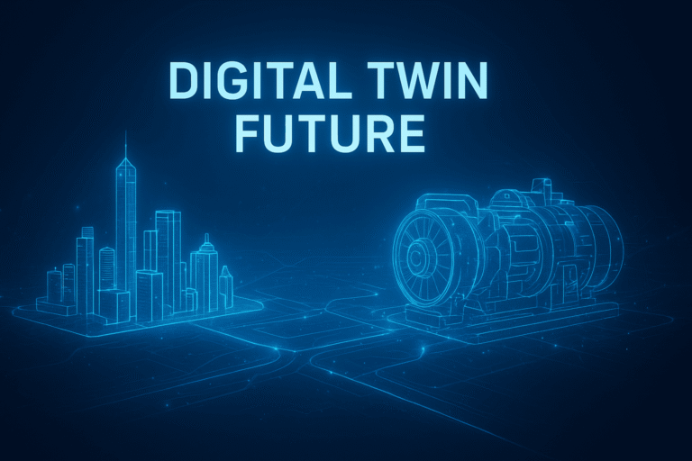 Futuristic hologram city and machinery representing digital twin technology in 2025