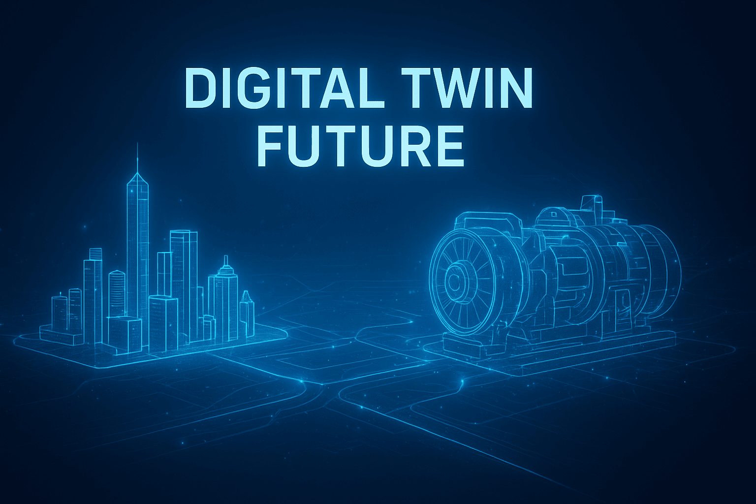 Futuristic hologram city and machinery representing digital twin technology in 2025