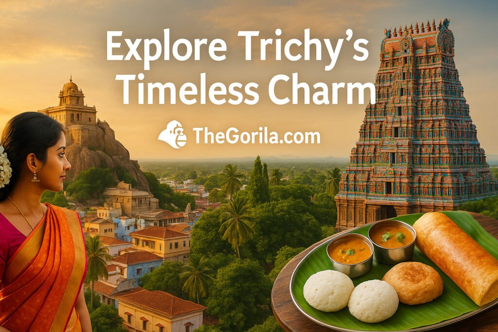 A woman in a traditional saree admiring the Rockfort and Srirangam temples in Trichy, Tamil Nadu, with South Indian cuisine in the foreground — Trichy Travel Guide.