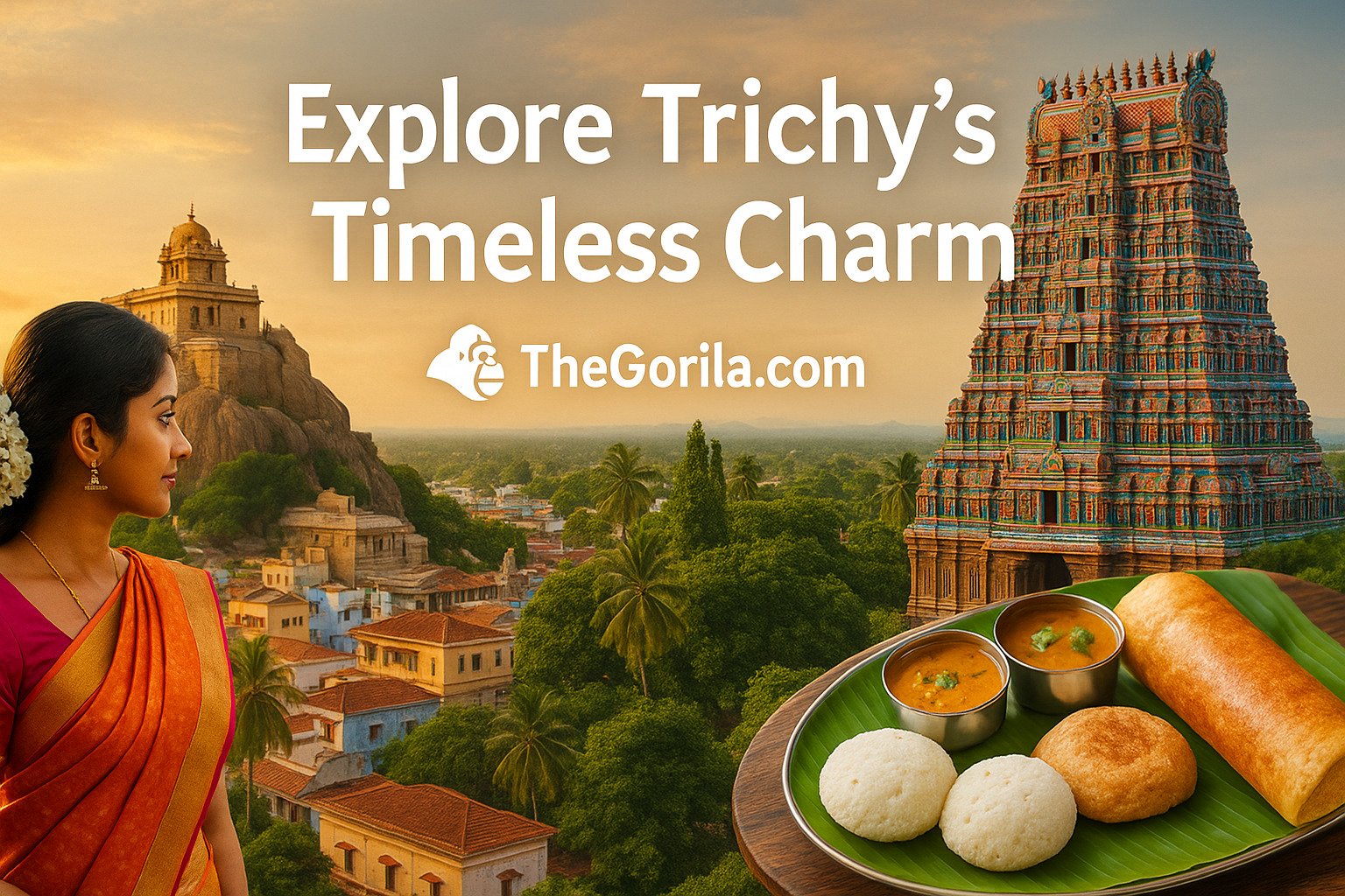 A woman in a traditional saree admiring the Rockfort and Srirangam temples in Trichy, Tamil Nadu, with South Indian cuisine in the foreground — Trichy Travel Guide.