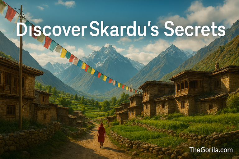 Hidden Cultural Gems of Skardu featuring traditional Balti village, mountains, prayer flags, and terraced fields