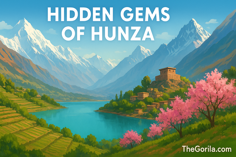 A stunning digital illustration showcasing the Hidden Gems of Hunza with snow-covered peaks, turquoise lake, cherry blossoms, and historic village homes.