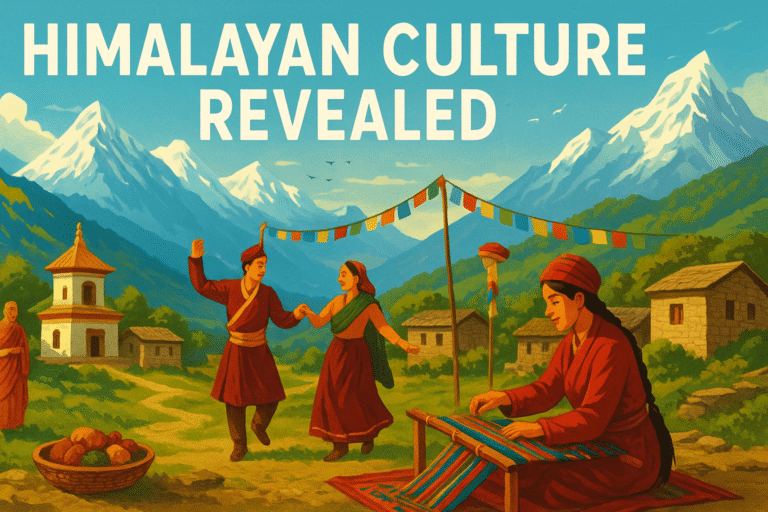 Illustration representing Inside Himalayan Culture with remote Himalayan villages, traditions, and mountain lifestyle