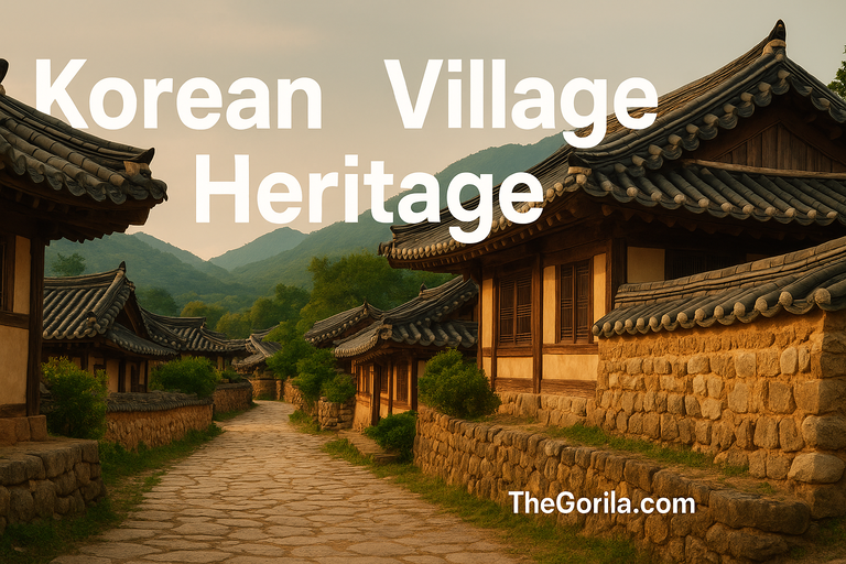 Korean traditional villages culture with hanok houses, stone pathways, and mountain scenery at sunset