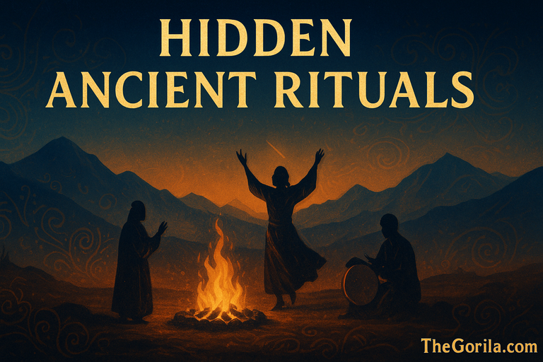Lost Rituals of Central Asia depicted with fire circles, nomadic dancers, and mystical mountains
