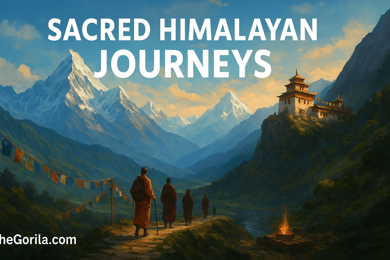 Pilgrims walking along Sacred Pathways of the Himalayas with monasteries, prayer flags, and mountain landscapes